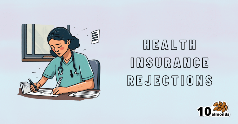 A cartoon of a woman nurse working at a desk with health insurance rejections.