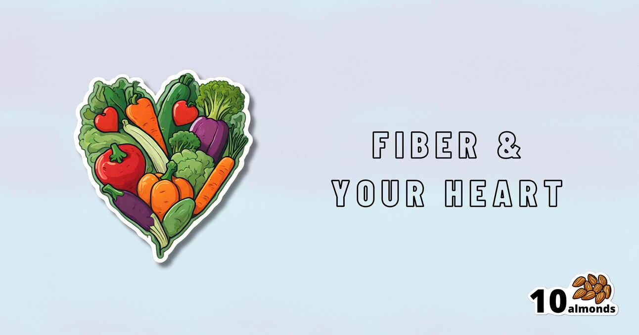 A graphic features a heart-shaped arrangement of vegetables including tomatoes, carrots, lettuce, and eggplant on the left side. On the right side, the text reads "FIBER & YOUR HEART." In the bottom right corner, a small image of almonds with the text "10 almonds." Heart health matters!