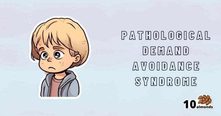 Illustration of a young, sad-looking child acting out with the text "PATHOLOGICAL DEMAND AVOIDANCE SYNDROME" on the right side. The bottom right corner displays the logo "10 almonds" next to an image of almonds. The background is light grey.