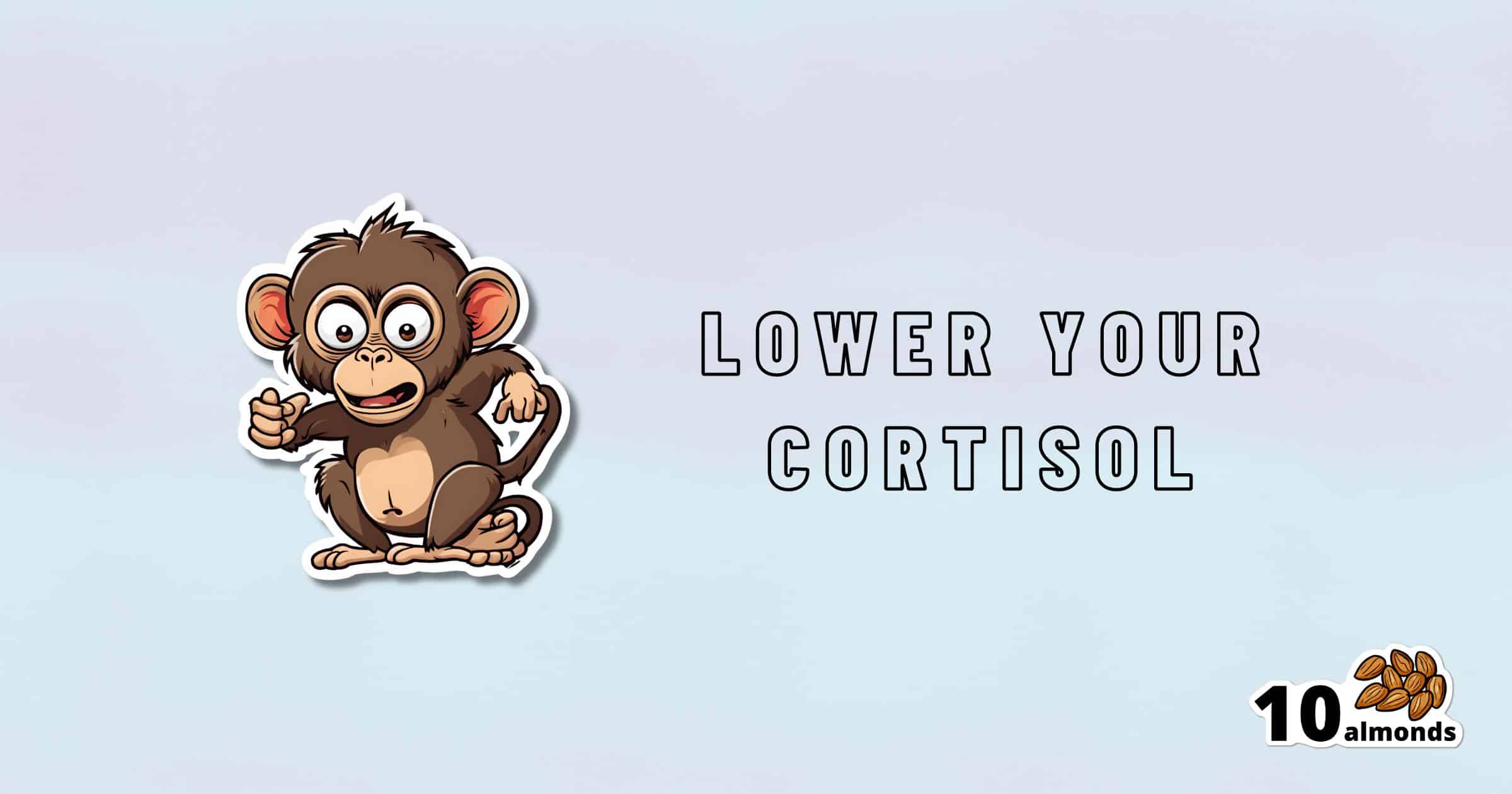 A cartoon monkey with a concerned expression is to the left of the text "LOWER YOUR CORTISOL" written in bold, uppercase letters. A small graphic of 10 almonds is in the bottom right corner, highlighting a natural cortisol reduction method. The background features a light gradient from blue to white.