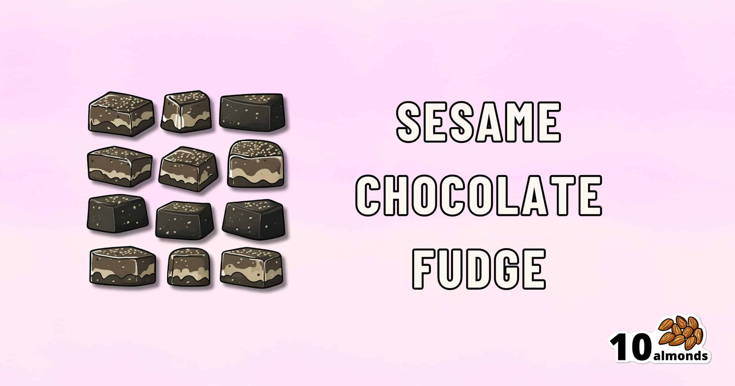 Image of several pieces of decadent sesame chocolate fudge against a pink background. The text "Sesame Chocolate Fudge" is displayed prominently on the right side, with a logo of "10 almonds" featuring an illustration of almonds at the bottom right.